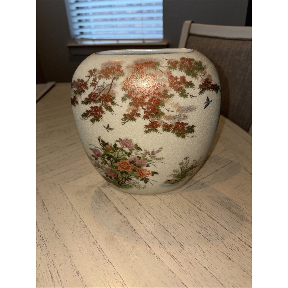 Floral Porcelain Pillow Vase Birds Ducks Japan Gold Trim 7.5”T Satsuma style